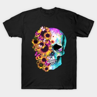 tatoo skull flowers sunflowers design art illustration T-Shirt